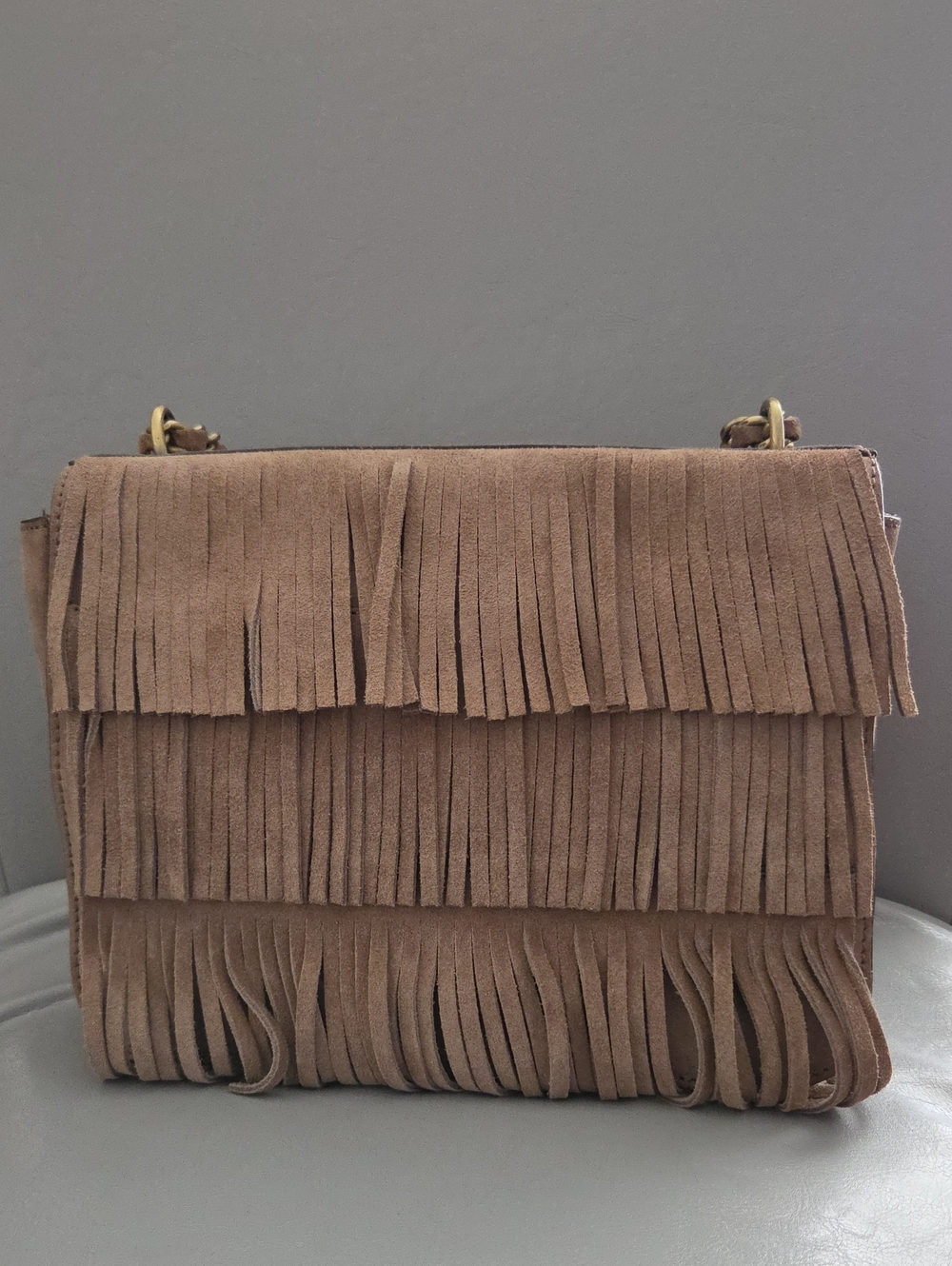 Tory Burch Taupe Fringe Suede Shoulder Bag